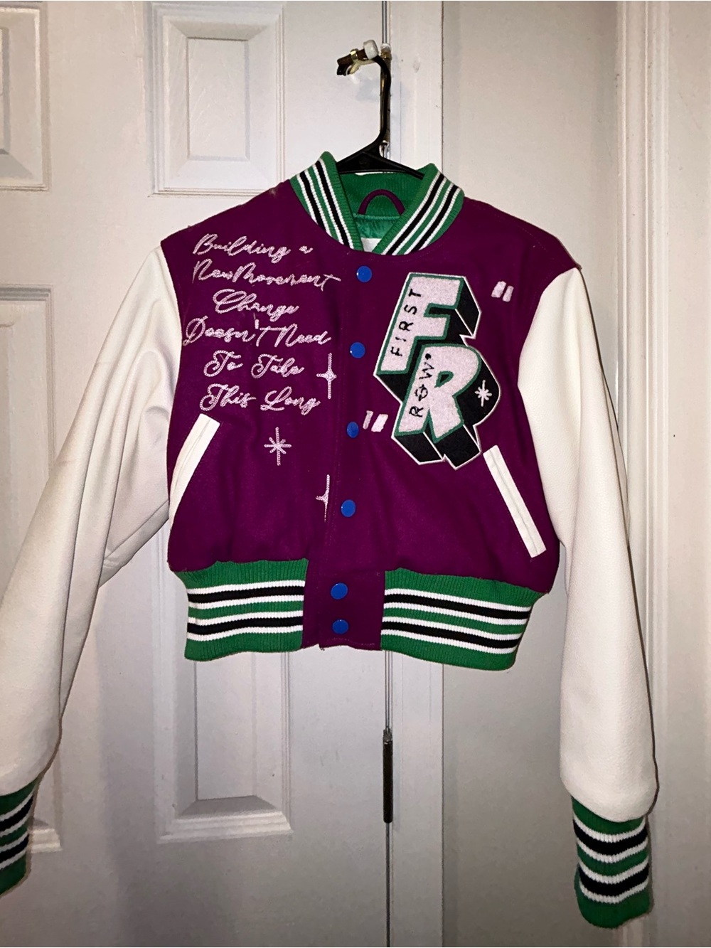 Purple & White Varsity Letterman Jacket with Green Trim